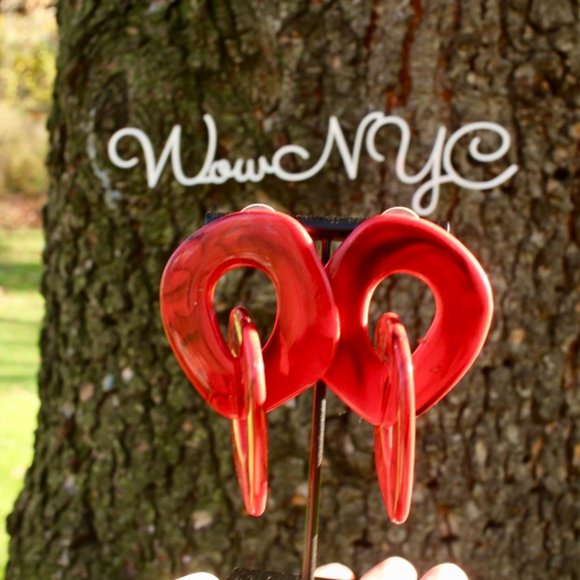 New Red Tortoise Layered Big Circle Chain Earrings - Picture 3 of 12